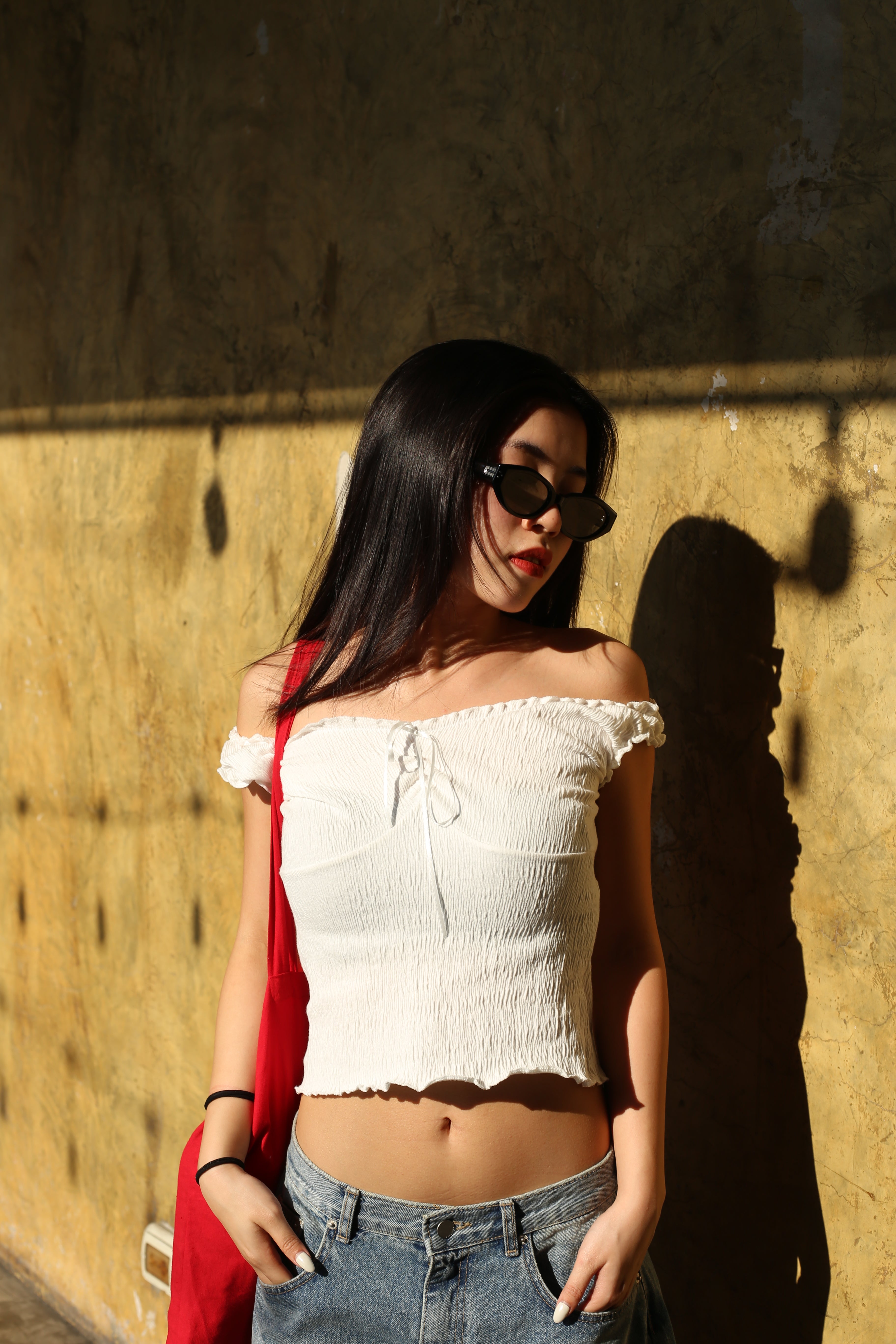 【皺皺質地超有質感！】Ruffle Ribbon Shoulder Top