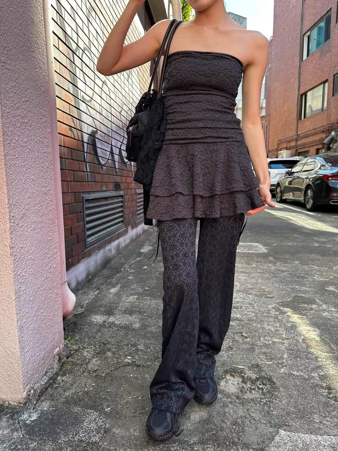 【歐美風平口繡花短裙】Solid Lace Tube Top Dress