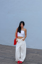 【大熱刺繡彎刀牛仔褲】Back Wing White Barrel Jeans