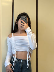 Double Strap Ruffle Long Sleeve Crop Top