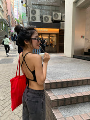 【✔️PAD｜交叉綁帶設計】Solid Cross Backless Padded Bra Top