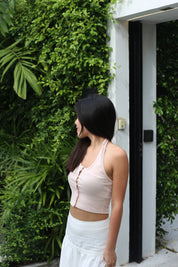 #T238【夏日必備清爽吊帶背心】Basic Solid Button Front Halter Top