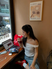 【皺皺質地超有質感！】Ruffle Ribbon Shoulder Top
