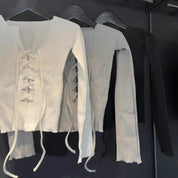 【約隱約現！超性感】Solid Tie Front Long Sleeve Off Shoulder Top