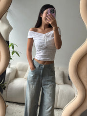 【韓系女生必備! Lace質感Max】Lil Ribbon Lace Off Shoulder Top