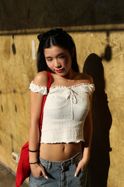 【皺皺質地超有質感！】Ruffle Ribbon Shoulder Top