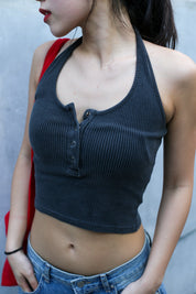 【水洗色Halter Top~】Vintage Washed Button Front Halter Top