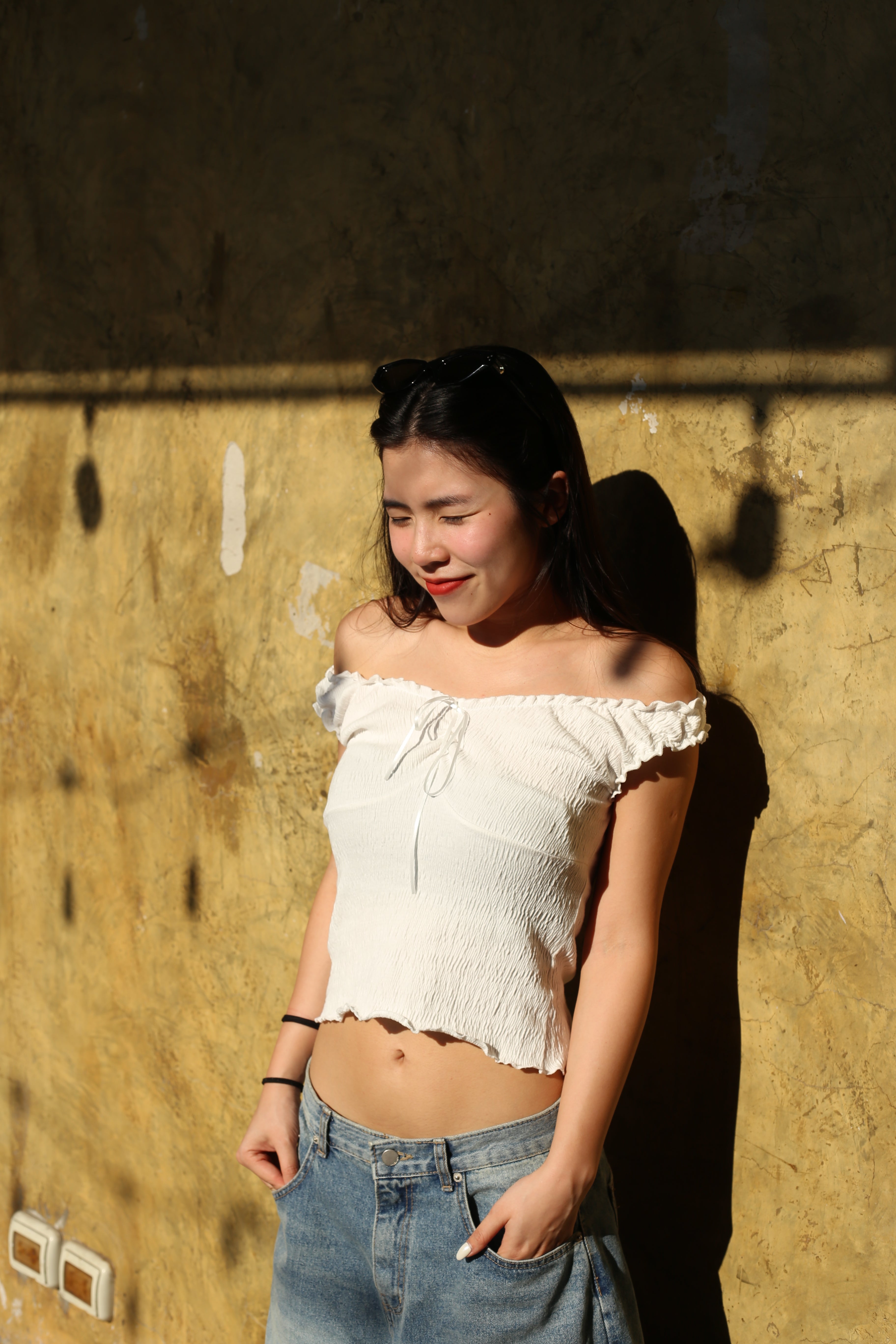 【皺皺質地超有質感！】Ruffle Ribbon Shoulder Top