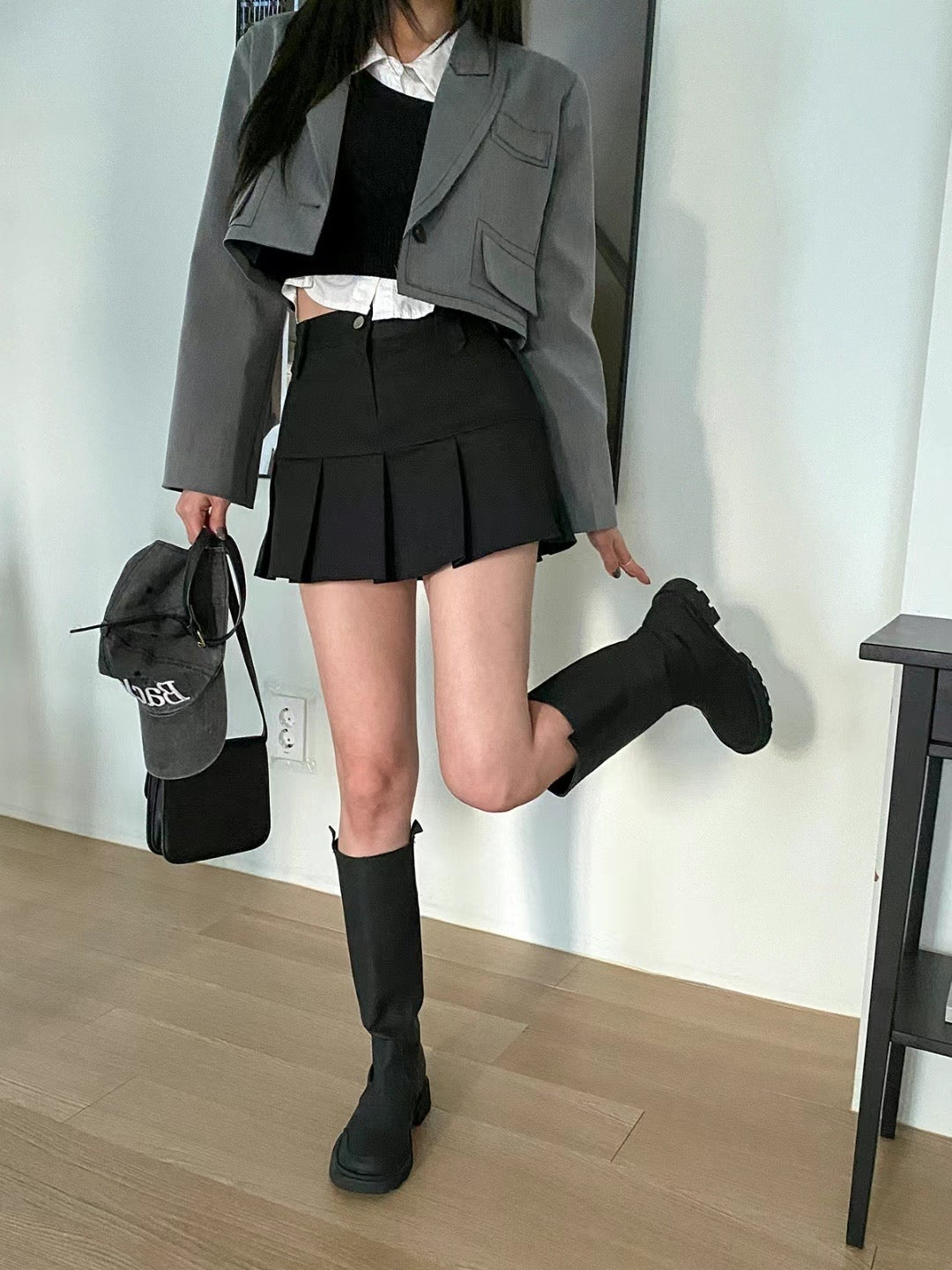 High Waist Solid Pleated Skirt