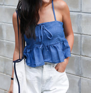 #T245【牛仔布色背心仔!!!】Blue Blue Blue Ribbon Cami Top