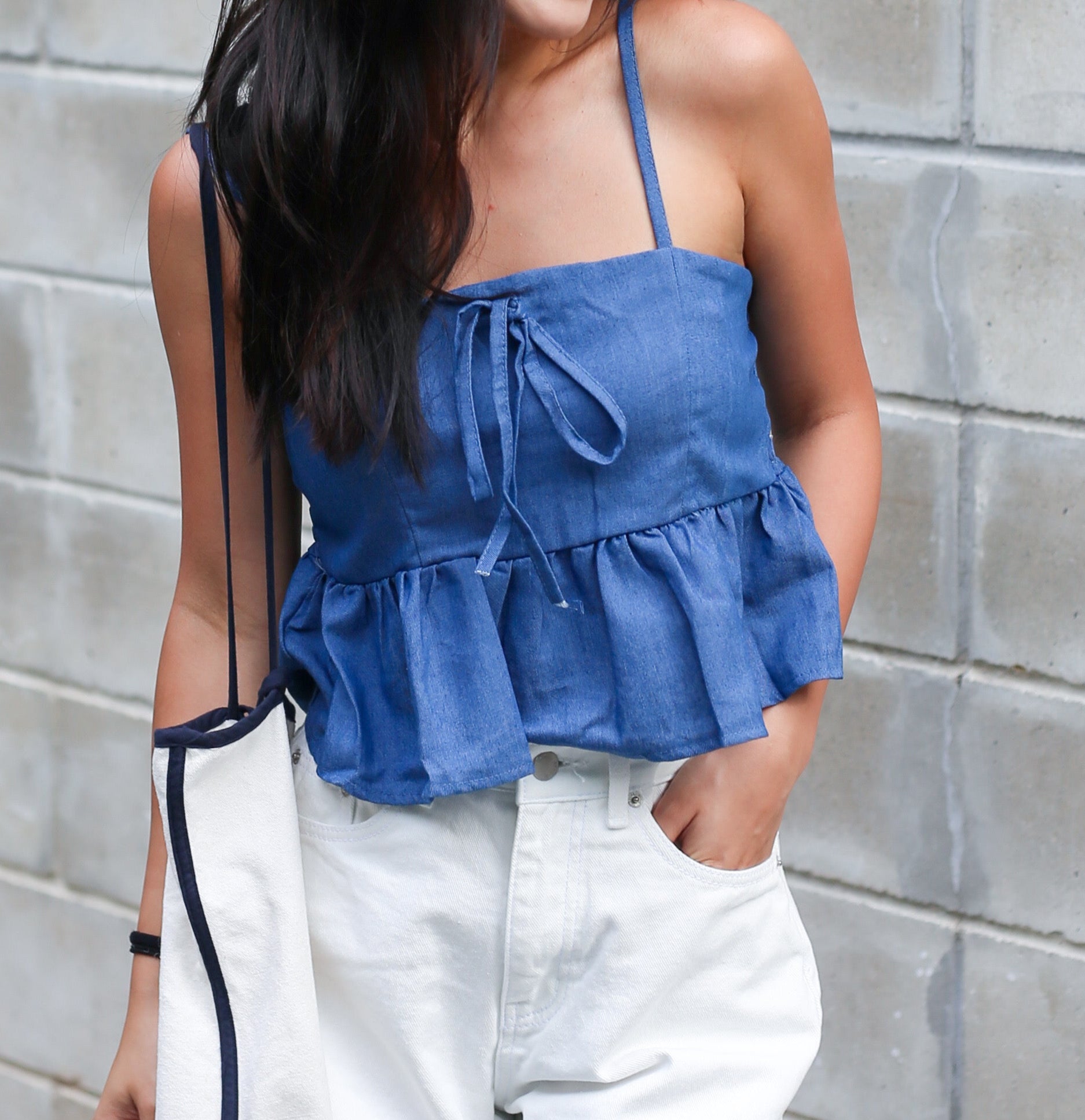#T245【牛仔布色背心仔!!!】Blue Blue Blue Ribbon Cami Top