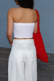 【大熱刺繡彎刀牛仔褲】Back Wing White Barrel Jeans