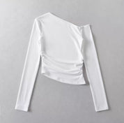 【小性感單肩Crop Top】Ruched Side Single Shoulder Long Sleeve Crop Top