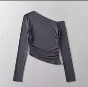 【小性感單肩Crop Top】Ruched Side Single Shoulder Long Sleeve Crop Top