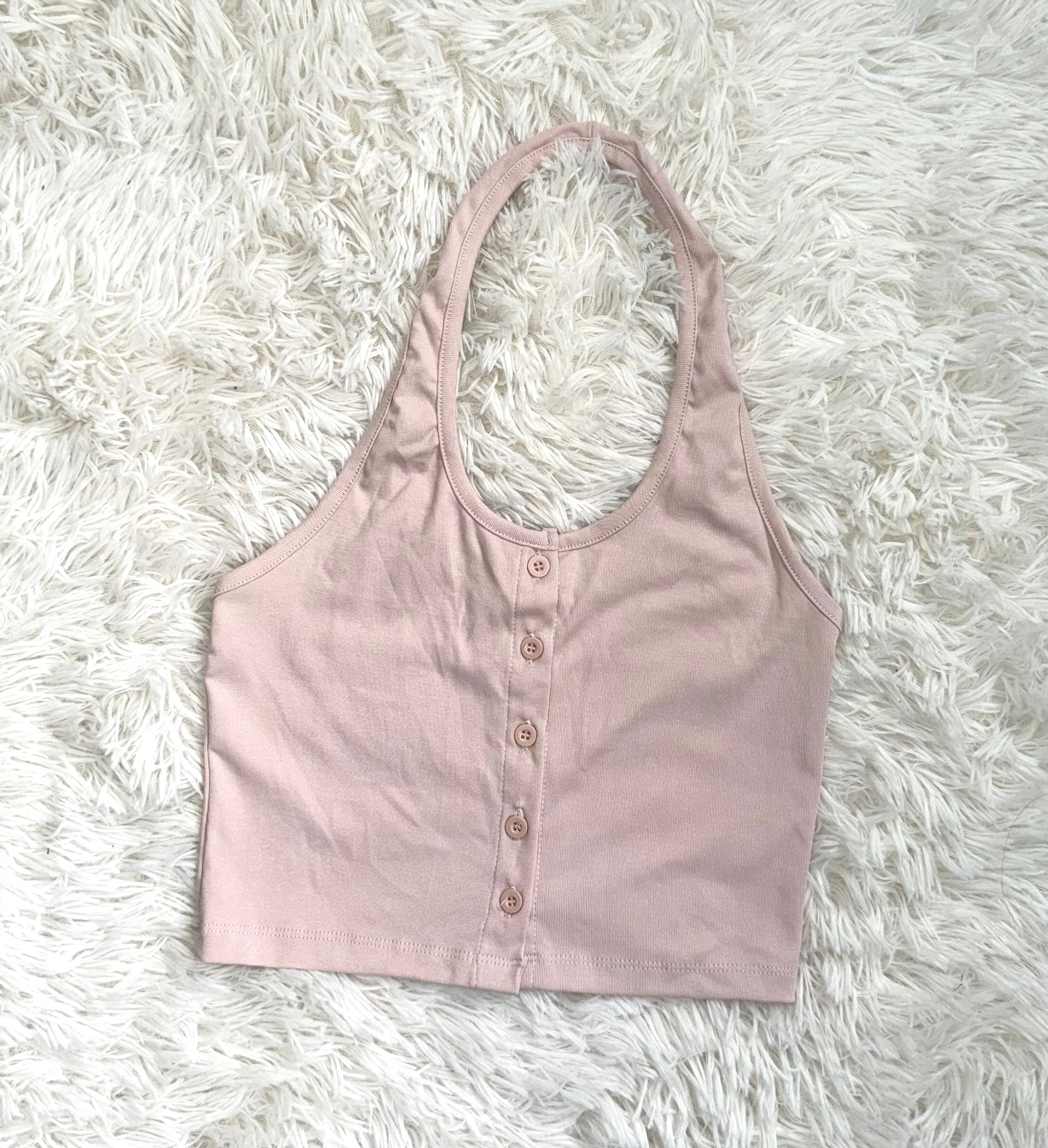 #T238【夏日必備清爽吊帶背心】Basic Solid Button Front Halter Top