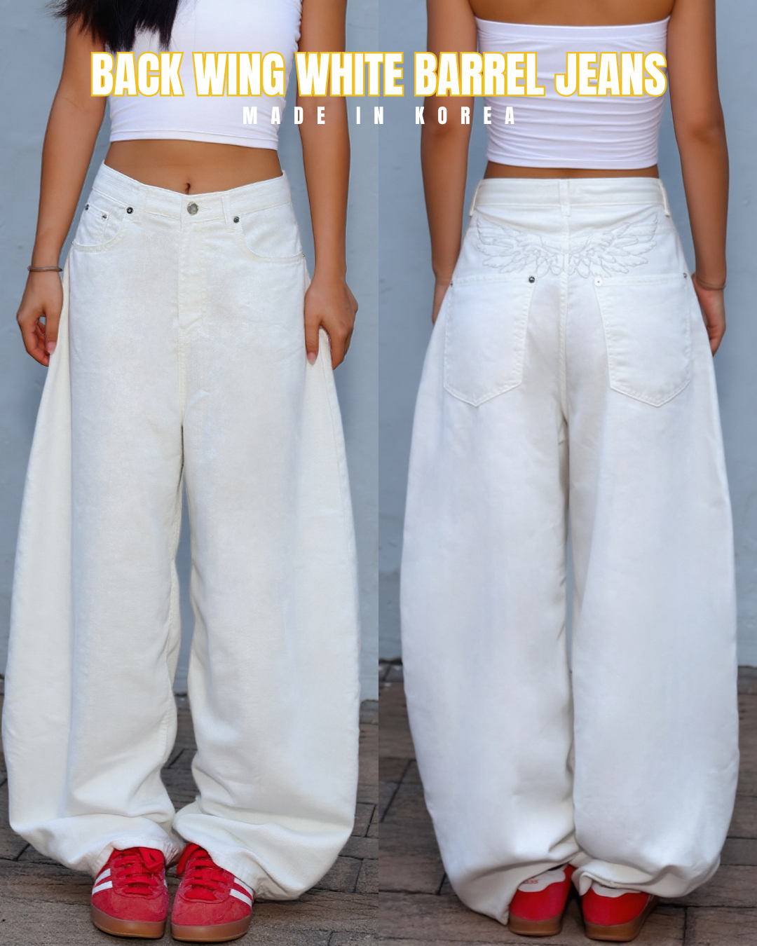 【大熱刺繡彎刀牛仔褲】Back Wing White Barrel Jeans