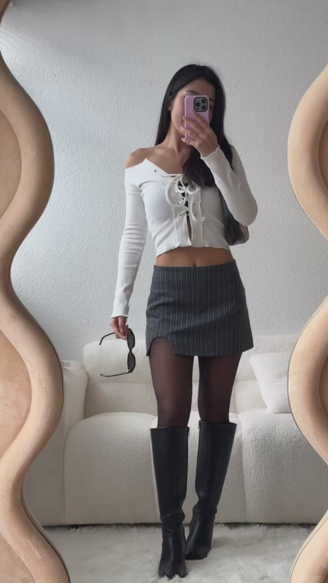 【約隱約現！超性感】Solid Tie Front Long Sleeve Off Shoulder Top
