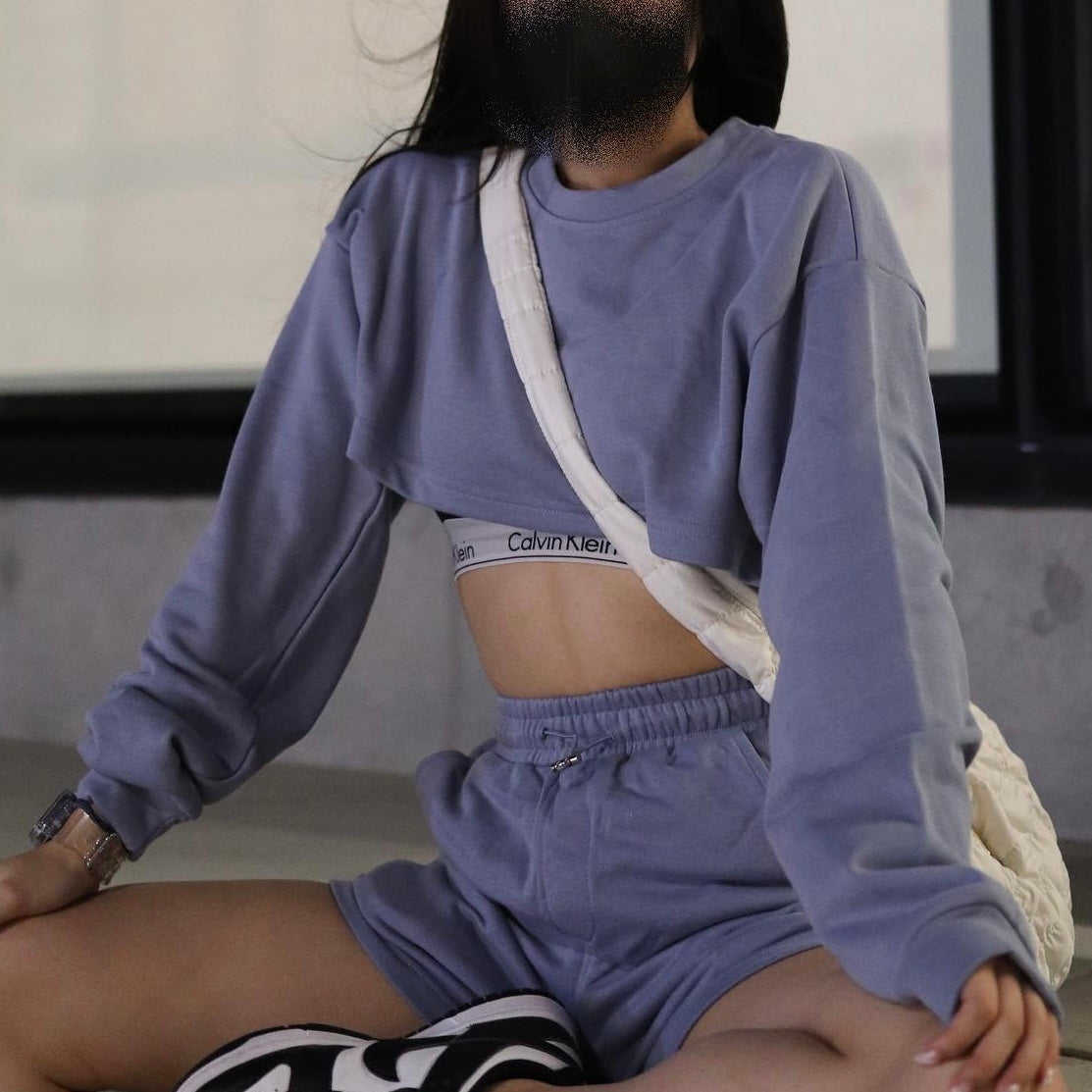 Solid Crop Hoodie Shorts Set