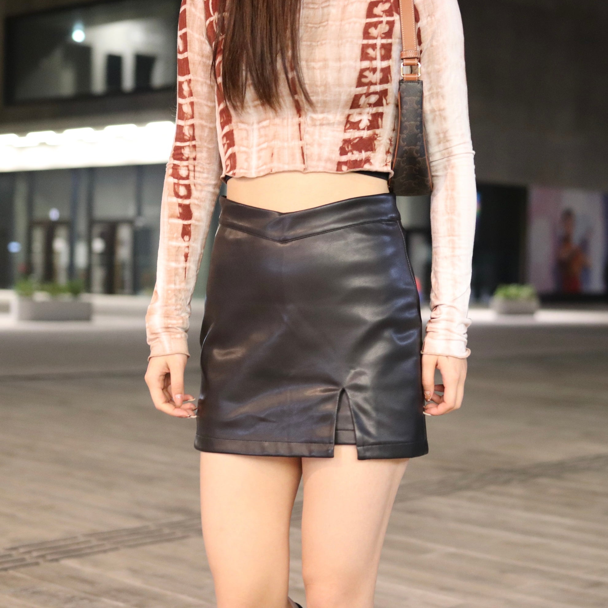 V Slit Leather Skirt