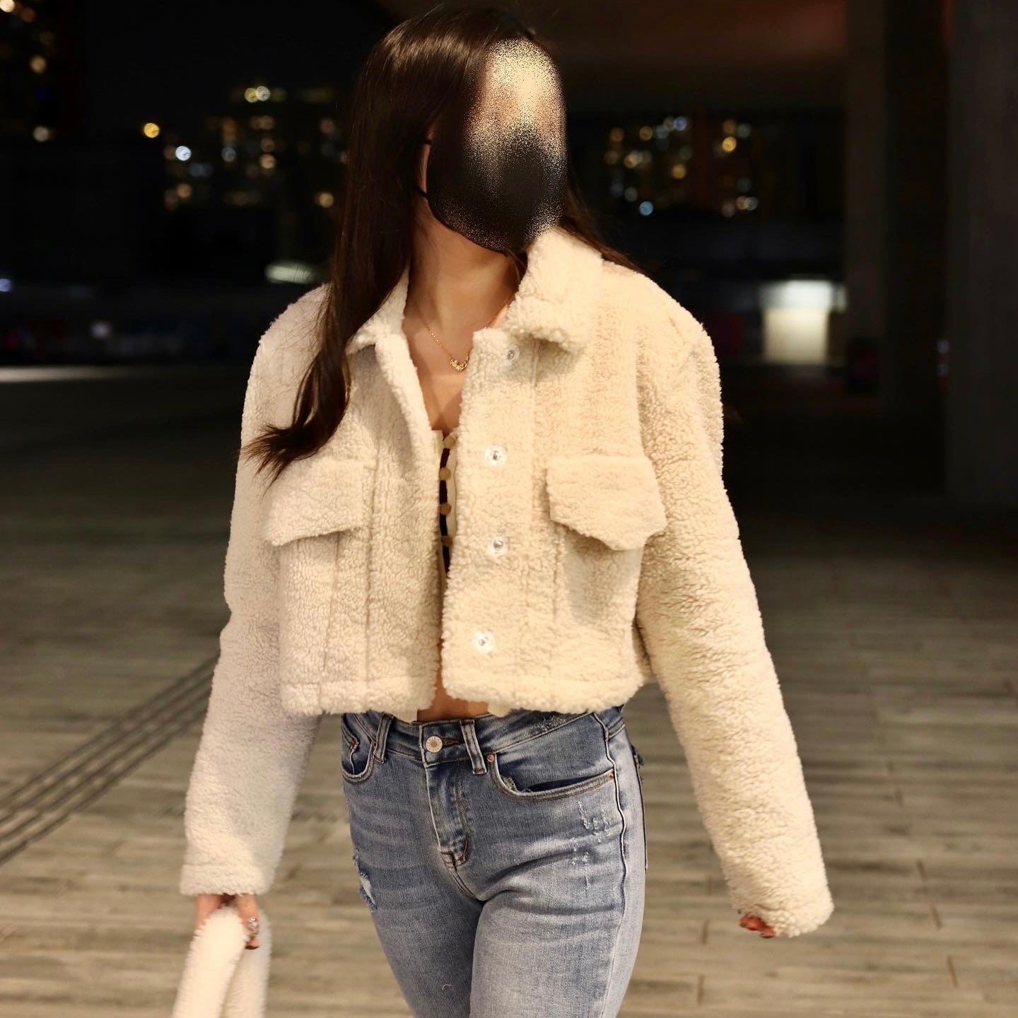 Button Front Crop Teddy Jacket
