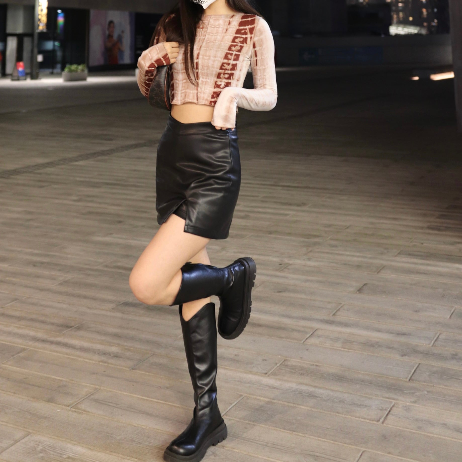 V Slit Leather Skirt
