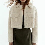 Button Front Crop Teddy Jacket
