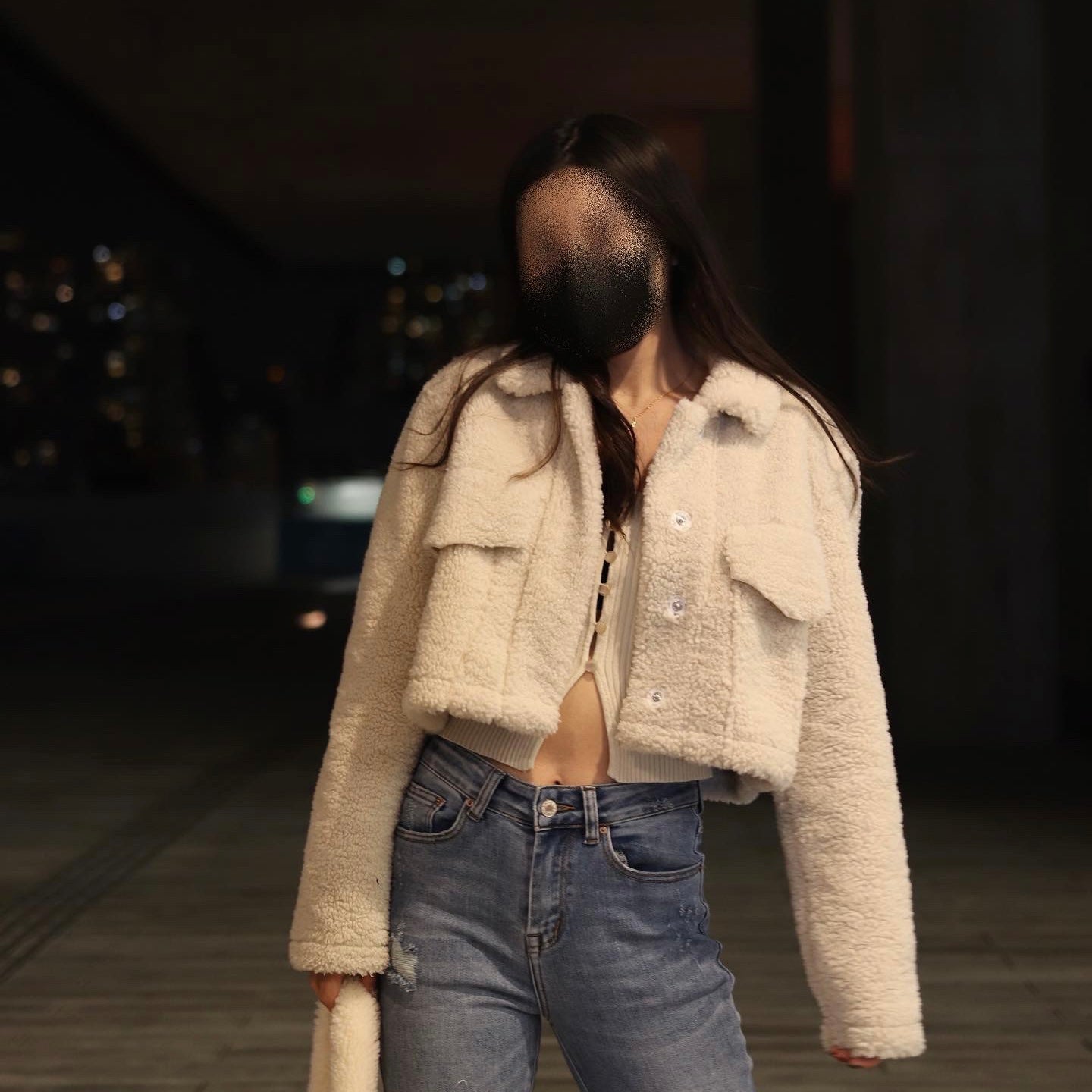 Button Front Crop Teddy Jacket